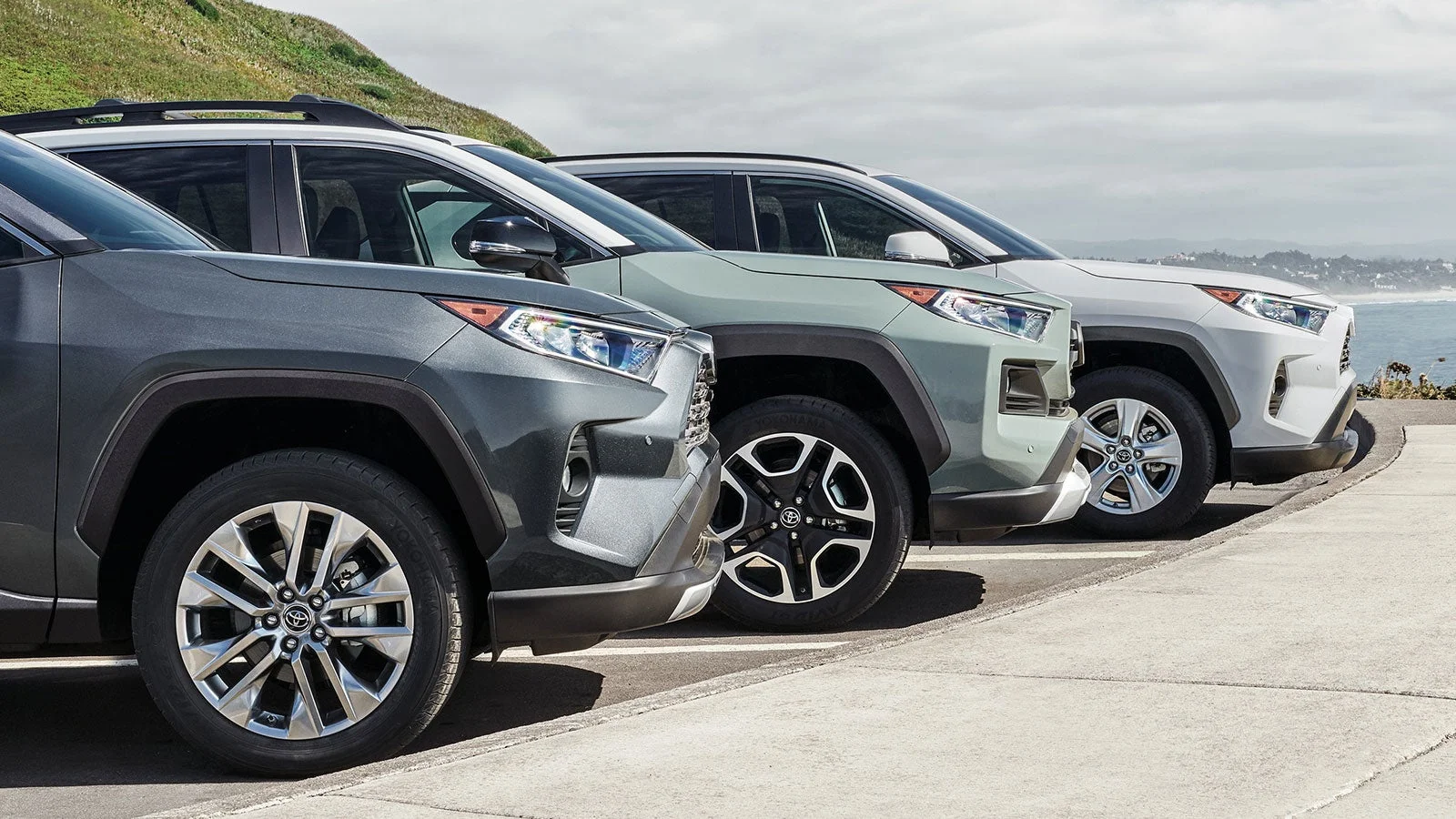 SUVs parked in a line overlooking a coastline.