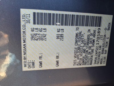 2012 Nissan Altima 4DR SDN I4 CVT 2.5 S